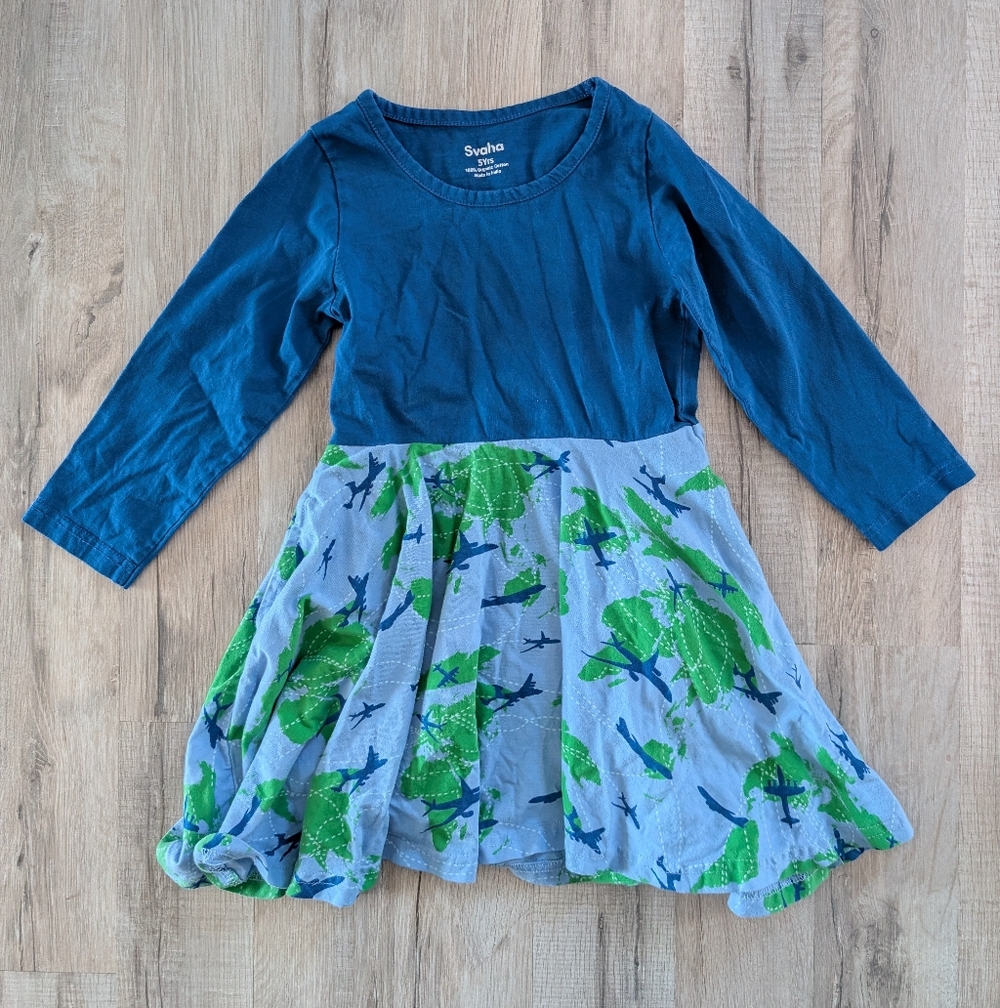 Svaha Airplane Dress in Blue and Green, 5Y (V5)